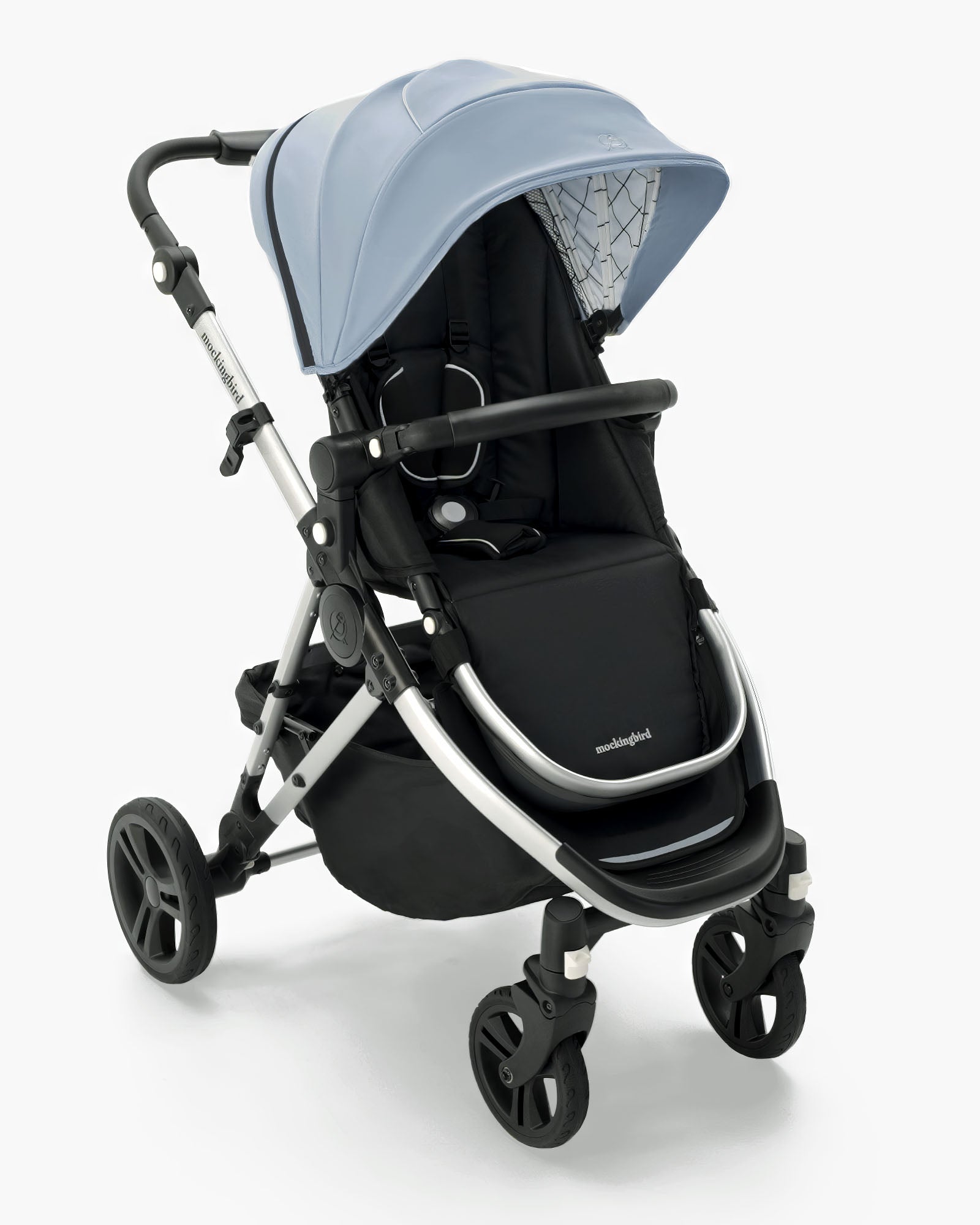 A modern Mockingbird Single Stroller 2.0 baby stroller in black with a light blue canopy, featuring large wheels and an adjustable handle. #color_sky