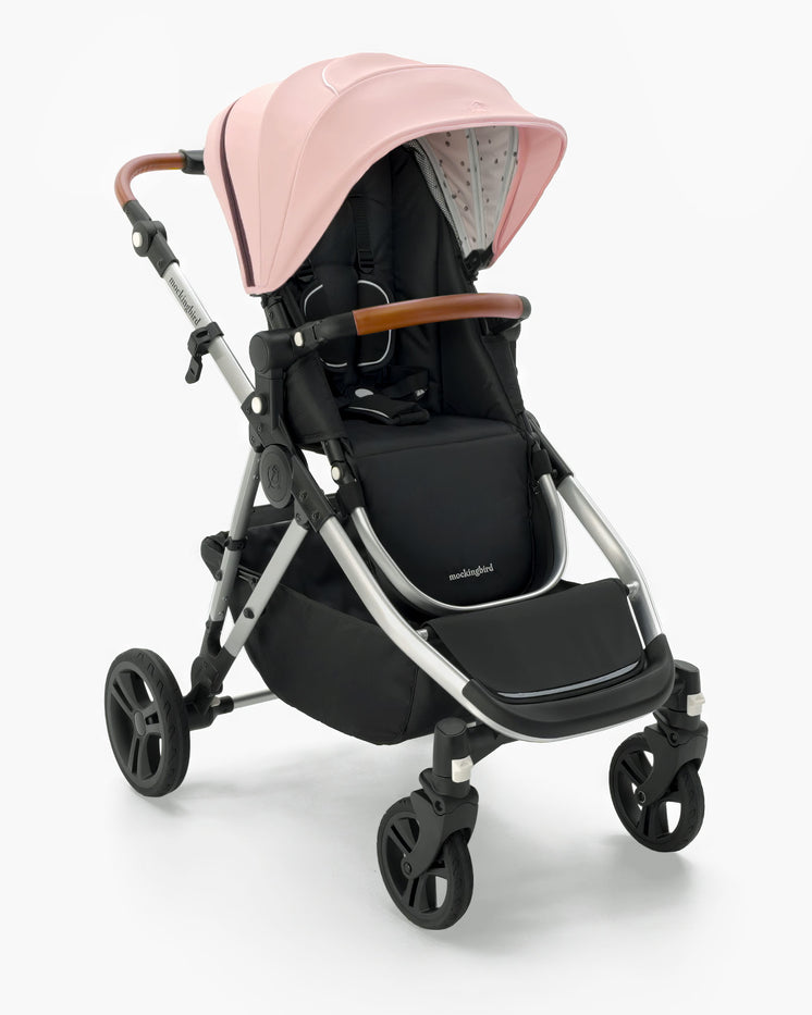 A modern pink and black Mockingbird Single-to-Double Stroller 2.0 baby stroller with a retractable canopy and an adjustable handle, set against a white background. #color_bloom
