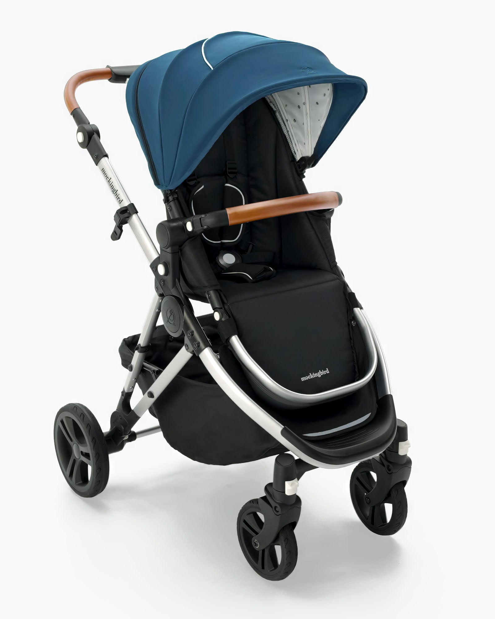 Modern Mockingbird Single Stroller 2.0 baby stroller with blue canopy, black seat, and silver frame on a white background. #color_sea
