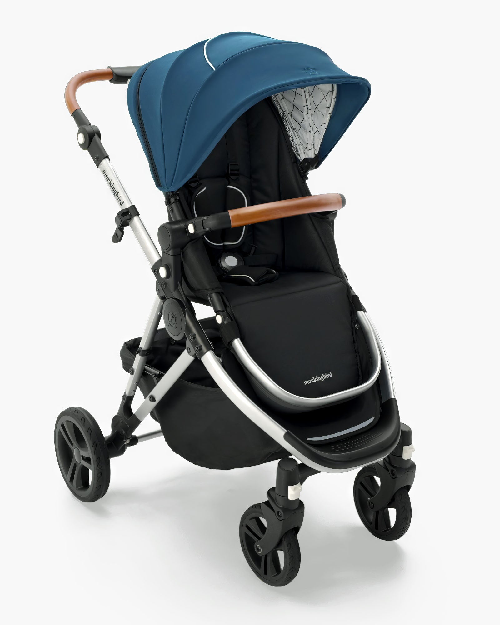 Modern Mockingbird Single Stroller 2.0 with blue canopy, black seat, and wooden handlebar from mockingbird-prod, isolated on a white background. #color_sea