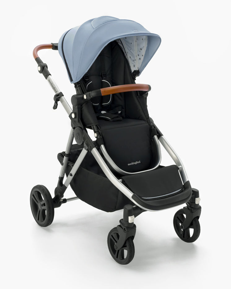 Modern Mockingbird Single-to-Double Stroller 2.0 with blue sunshade, adjustable handle, and four wheels, isolated on a white background by mockingbird. #color_sky
