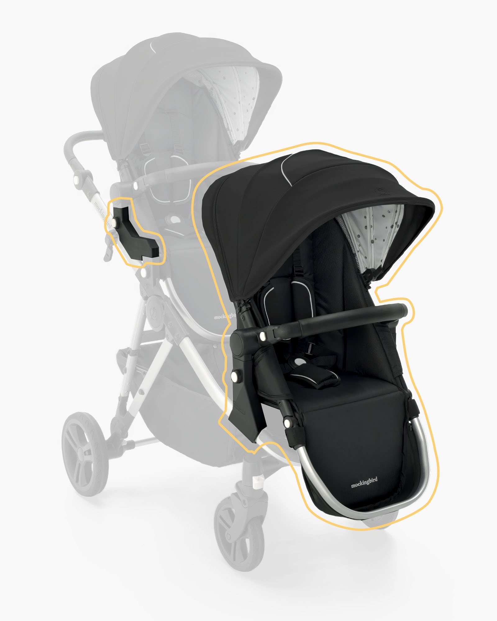 Two configurations of a modern baby stroller highlighted with orange outlines, showing both front-facing and rear-facing seat positions with an extendable canopy of the mockingbird 2nd Seat Kit 2.0. #color_black