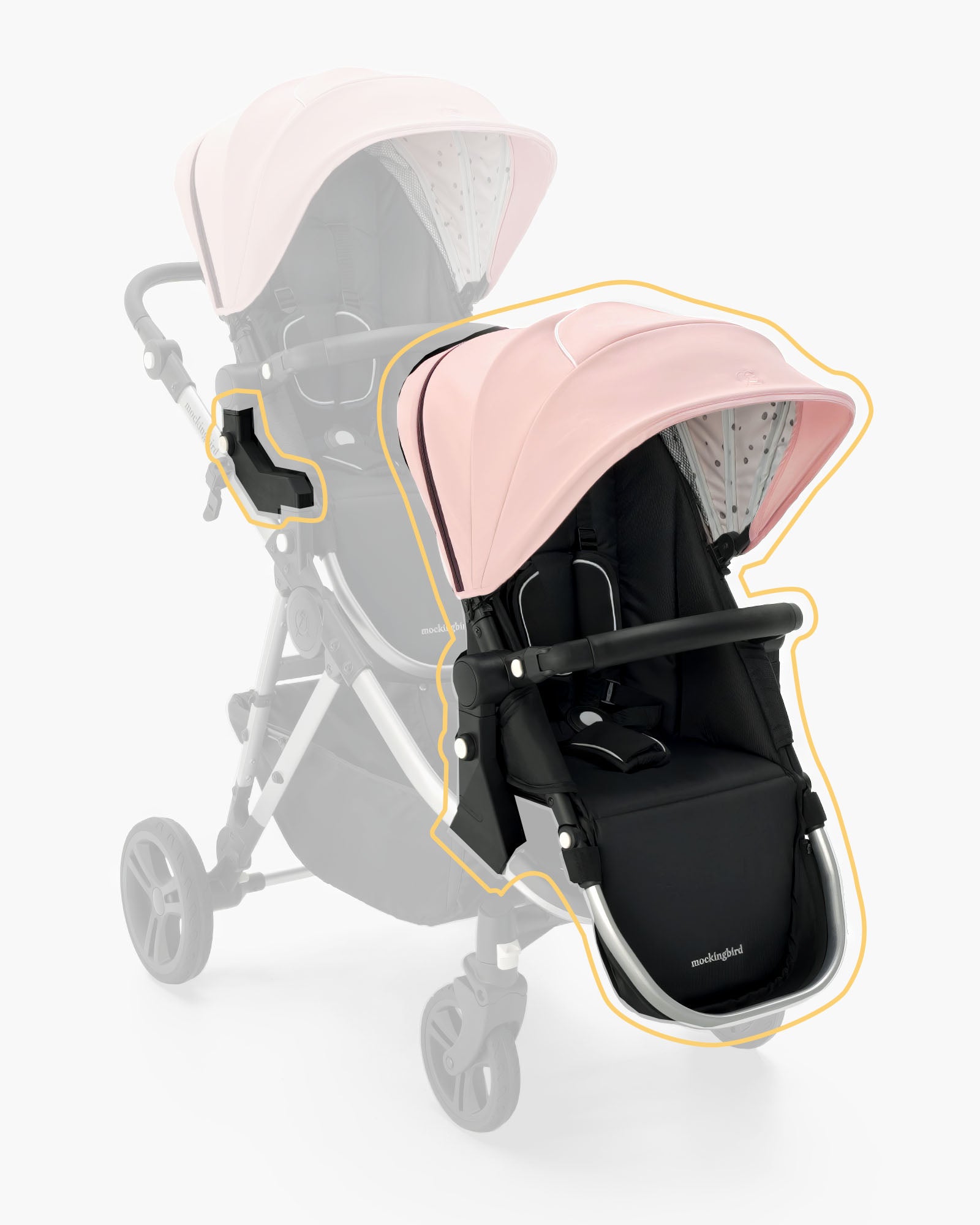 A mockingbird 2nd Seat Kit 2.0 with a pink extendable canopy, black seat, and grey frame, highlighted with an orange outline, shown from two different angles. #color_bloom