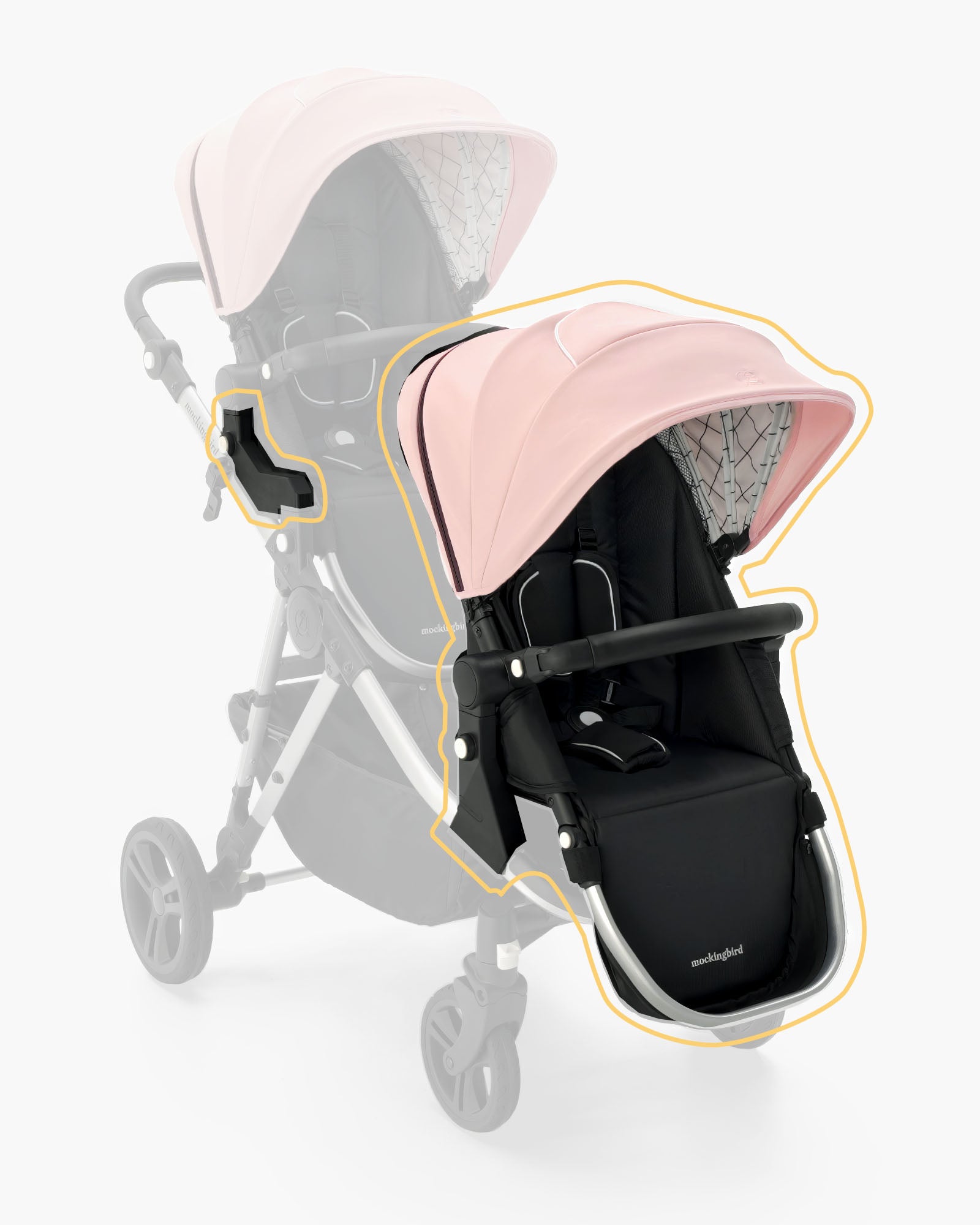 A modern single-to-double baby stroller with a pink extendable canopy, black seat, and gray frame, depicted in a minimalistic white background. The mockingbird 2nd Seat Kit 2.0. #color_bloom