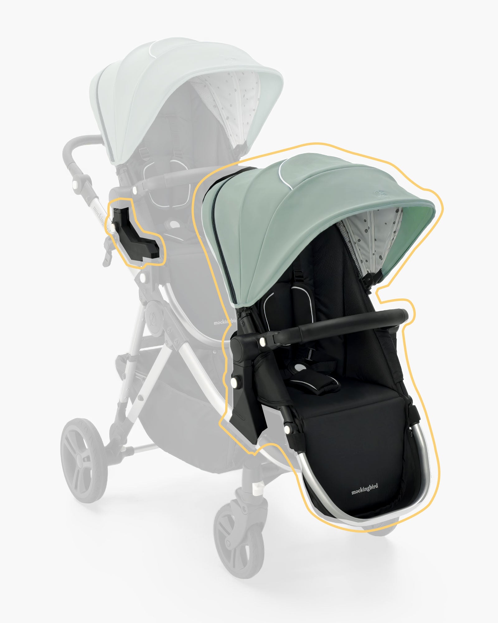 Modern baby stroller with an extendable canopy and reclining seat, highlighted with an orange outline, displayed against a white background by mockingbird. #color_sage