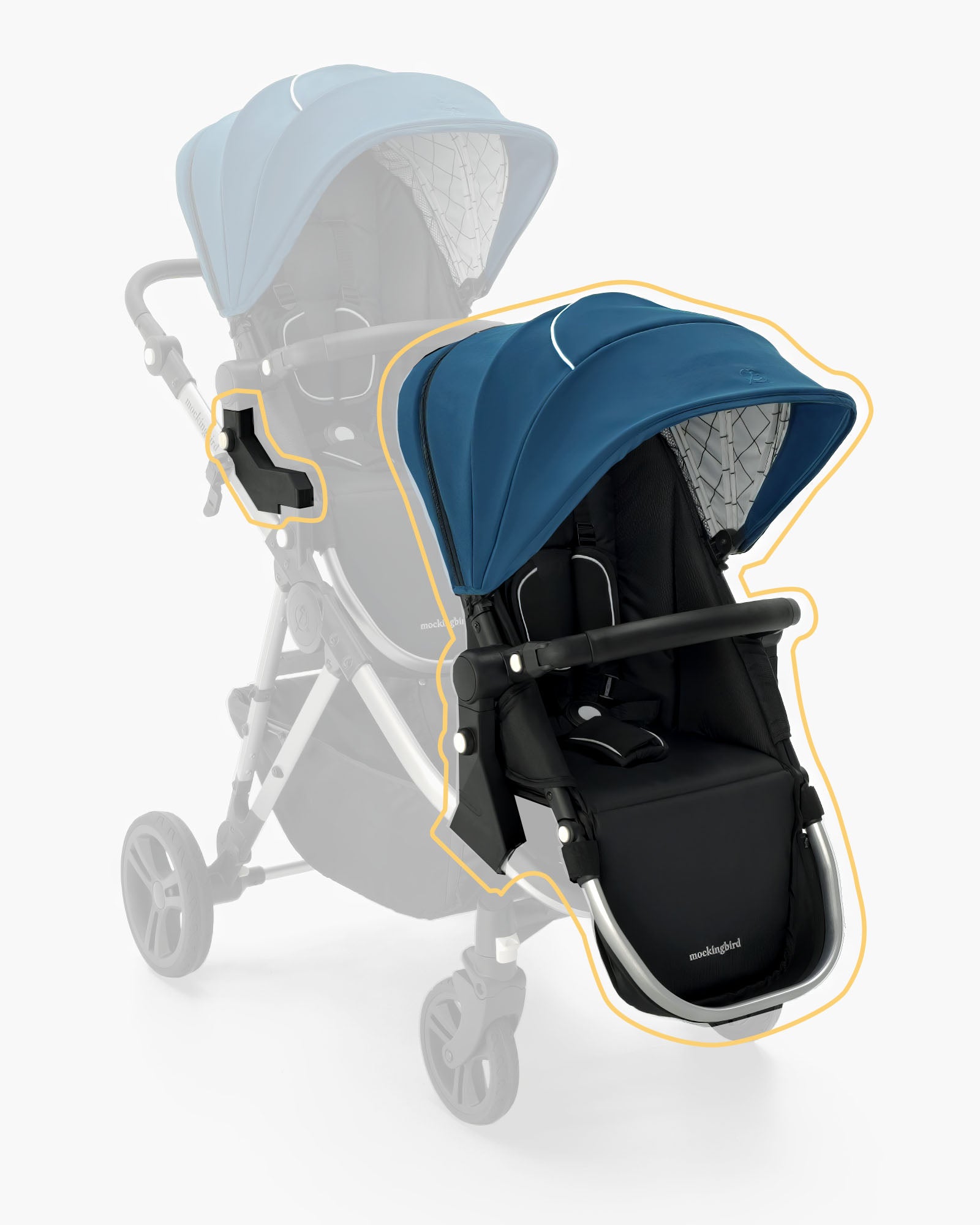 A blue single-to-double stroller with tandem seating, highlighted areas showing design features, set against a white background. The mockingbird 2nd Seat Kit 2.0. #color_sea