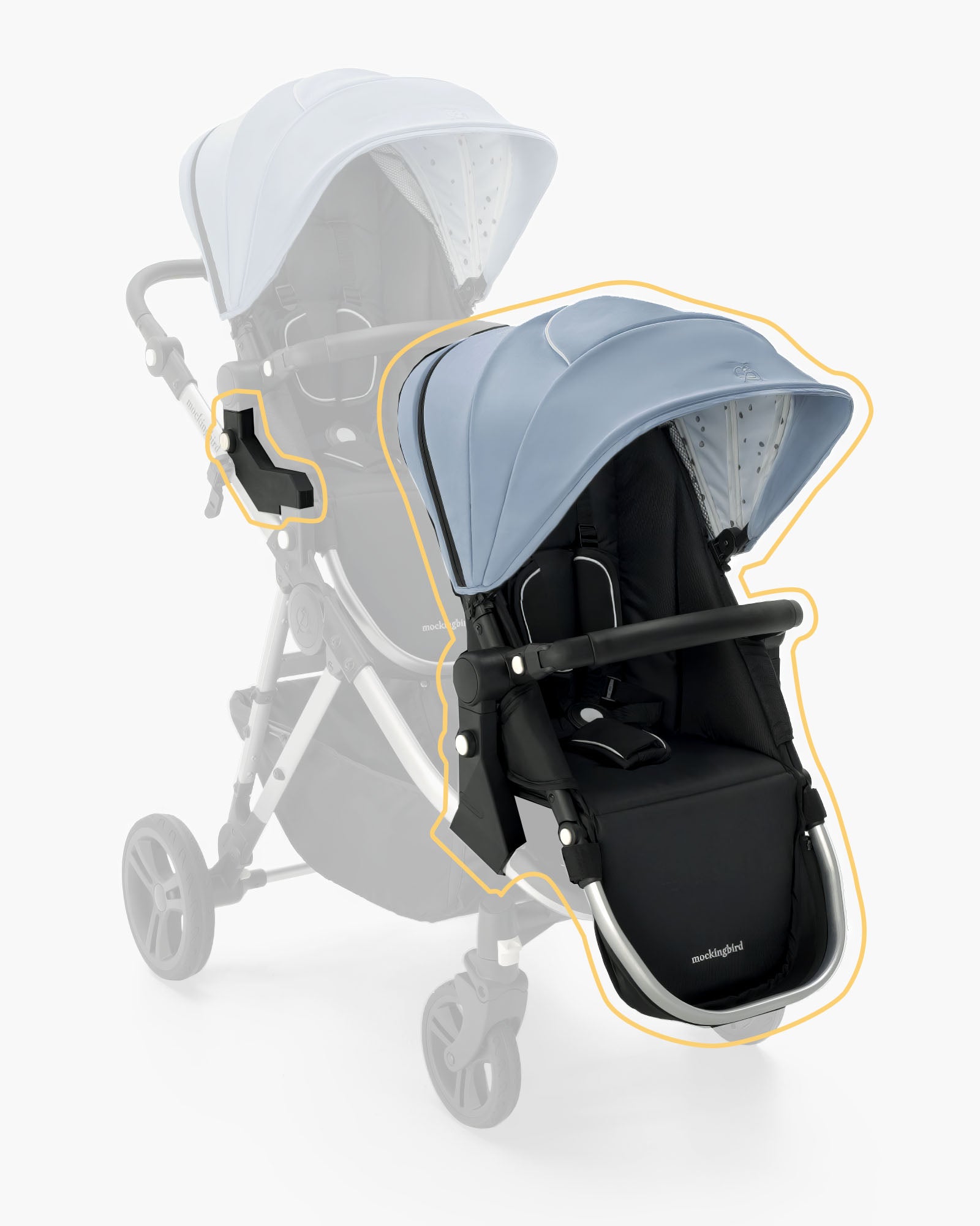 Modern baby stroller with a 2nd Seat Kit 2.0 and extendable canopy, highlighted to show features, depicted on a white background by mockingbird. #color_sky