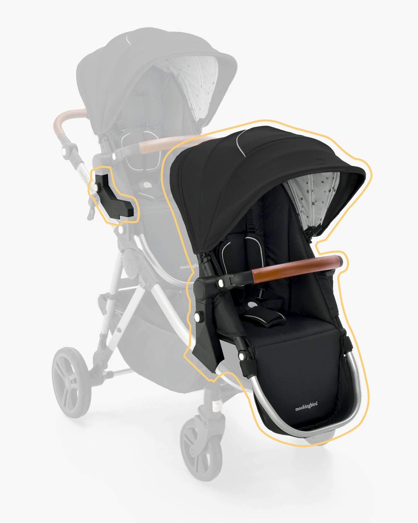 Modern black and gray mockingbird Single-to-Double Stroller outlined with an orange line highlighting its design features, shown on a white background. #color_black