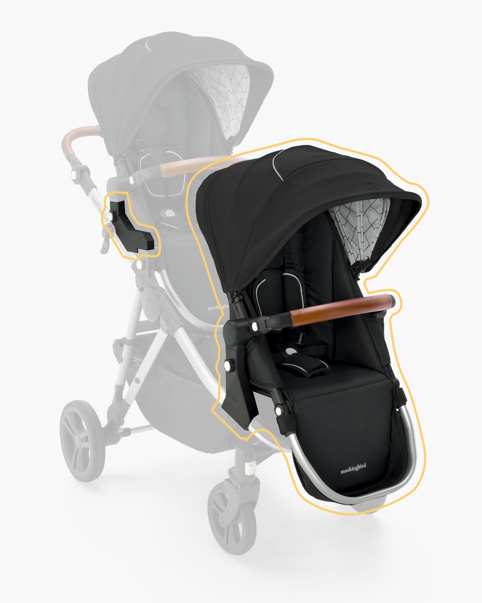 Modern black single-to-double baby stroller with adjustable handle and extendable canopy, featuring a stylish design with light grey accents and wooden elements, shown in a side and front angled view, by mockingbird. #color_black