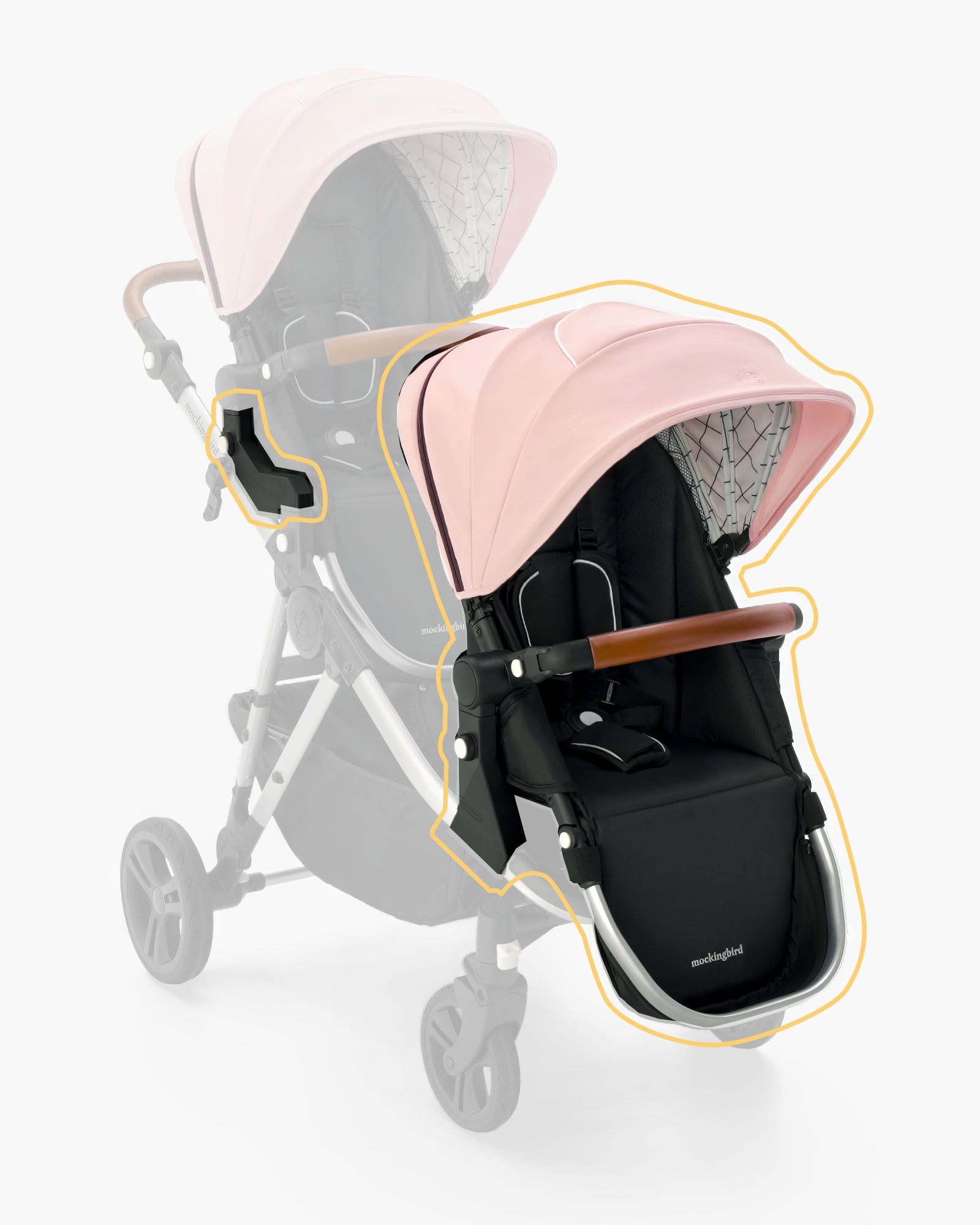 A modern mockingbird Single-to-Double Stroller with a pink extendable canopy and gray mesh, viewed from a side angle with a highlighted outline. #color_bloom
