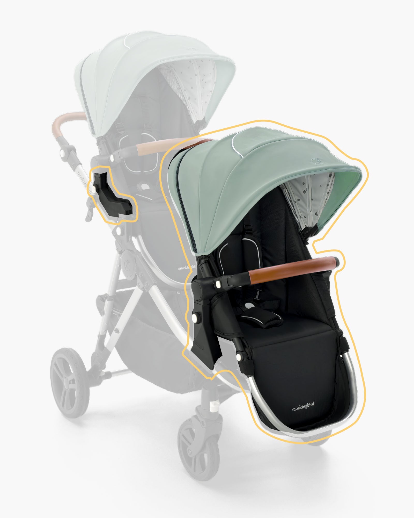 Modern single-to-double stroller with a green, extendable canopy, adjustable handle, and 2nd Seat Kit 2.0 seat, highlighted with an orange outline, on a white background from mockingbird. #color_sage