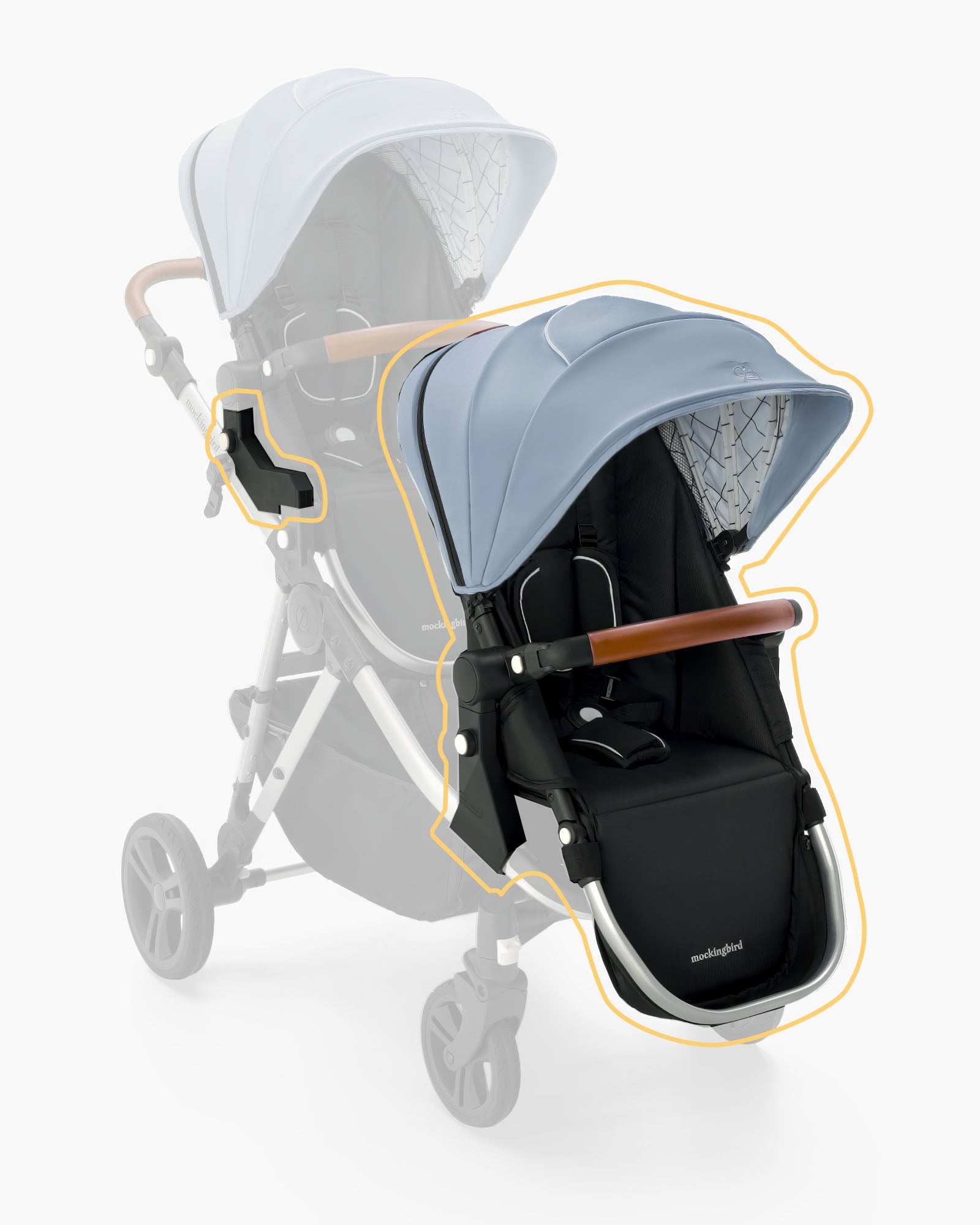 Dual baby stroller highlighted with orange overlay detailing features, facing opposite directions on a white background, includes a Mockingbird 2nd Seat Kit 2.0. #color_sky