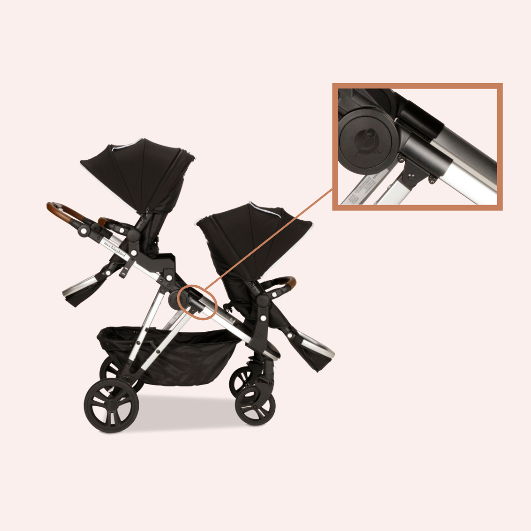 A modern double stroller with black canopies, shown against a neutral background with a close-up inset highlighting the stroller's handle adjustment mechanism.