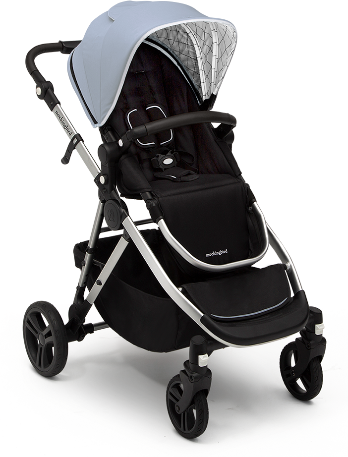 A modern black and silver baby stroller with a canopy and reclining seat, displayed on a transparent background.