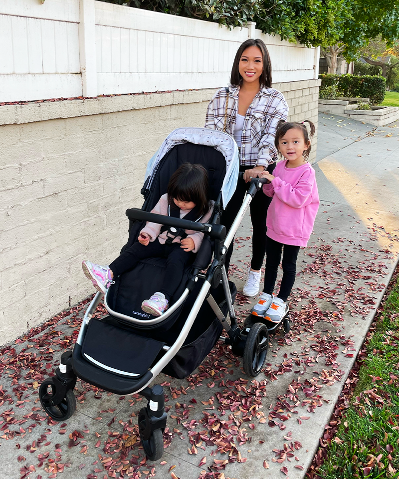 Mockingbird Stroller | Riding board with single to double stroller and 2 kids and 1 toddler standing up