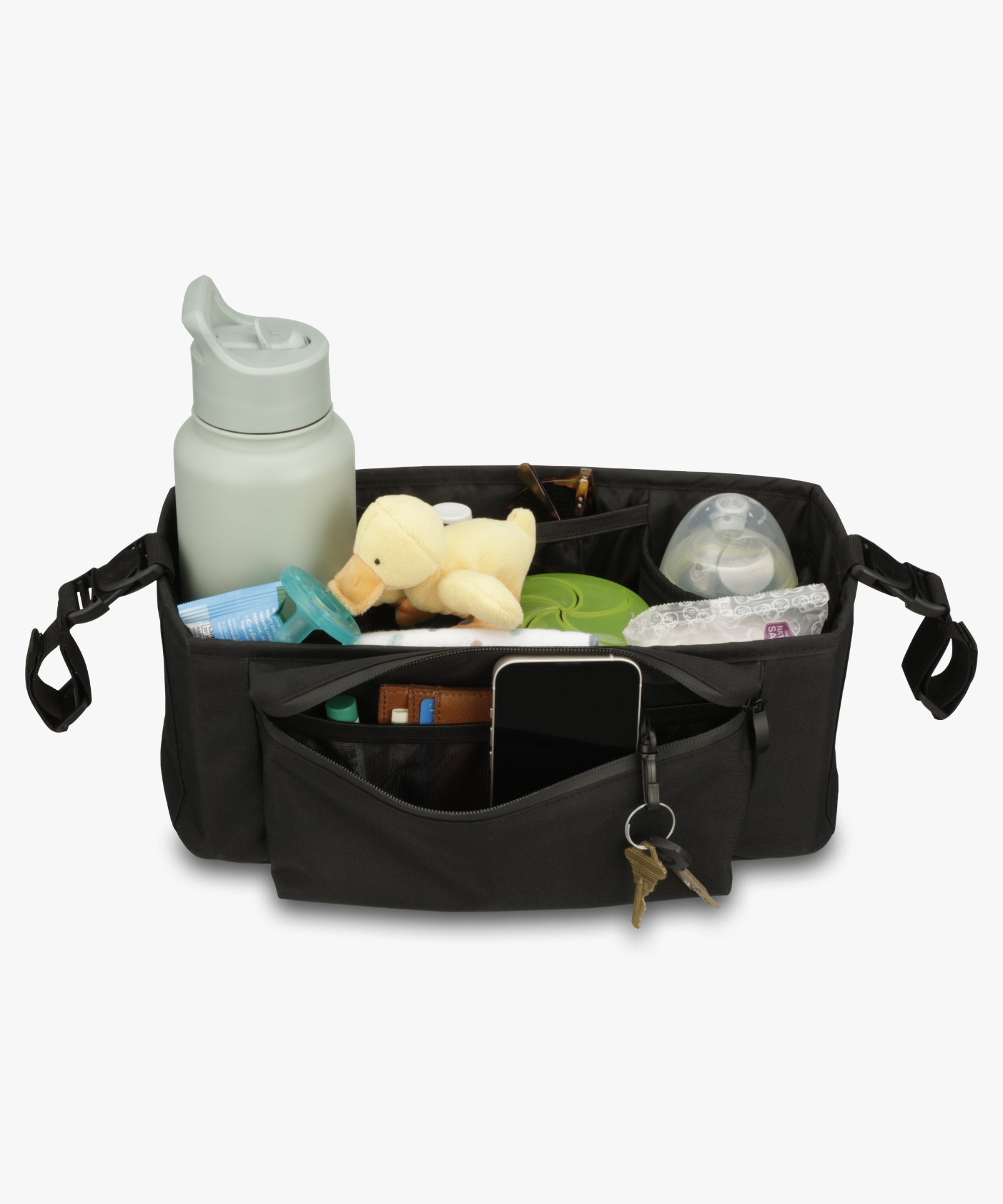 mockingbird stroller parent organizer with lots of room for water bottle, milk bottles, toys and keys