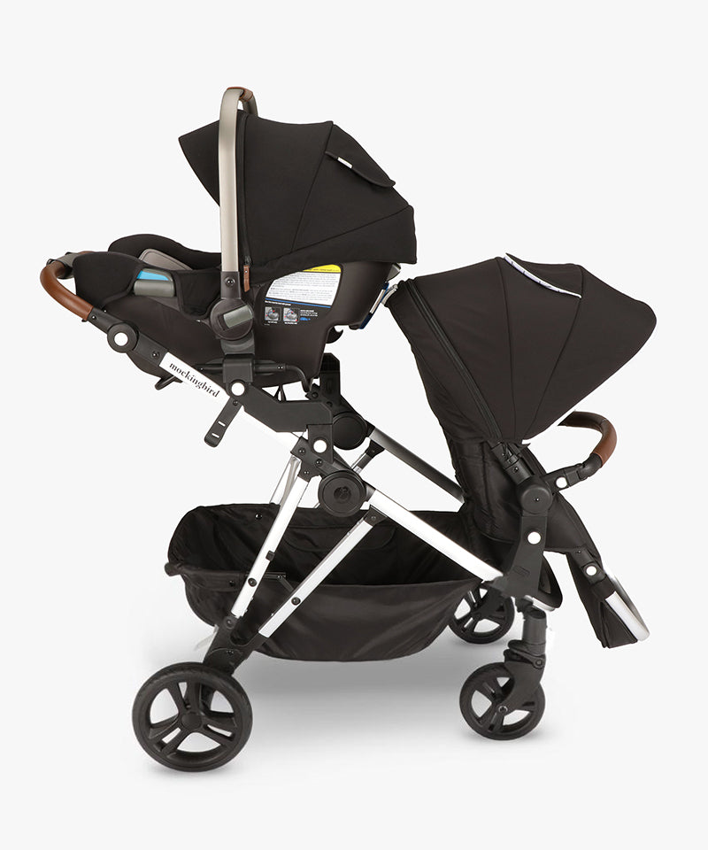 Mockingbird Stroller and 2nd Seat Kit | A seat and Car Seat Adapter attached with Black Outer Canopies Penny Handles